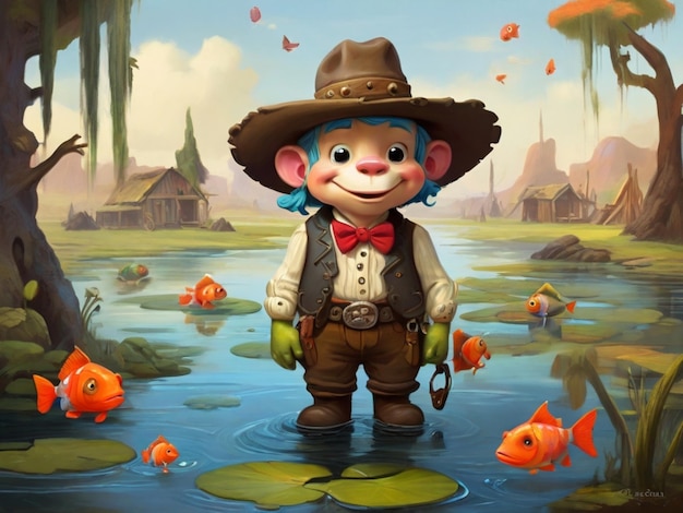 eine Zeichentrickfigur mit einem Hut und einem Cowboyhut steht in einem Teich mit Fischen, die um ihn herum schwimmen