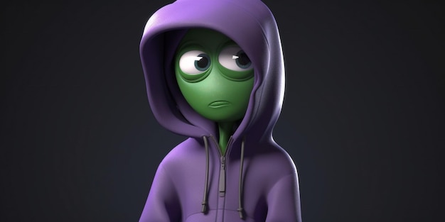 Eine Zeichentrickfigur mit einem lila Kapuzenpullover und einem grünen Frosch darauf.