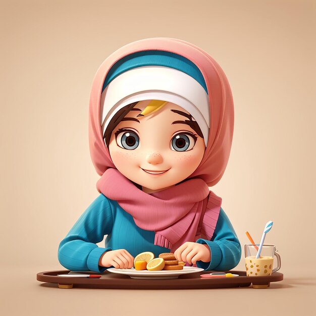 eine Zeichentrickfigur mit einem Schal, die sagt, ein kleines Mädchen isst Kekse
