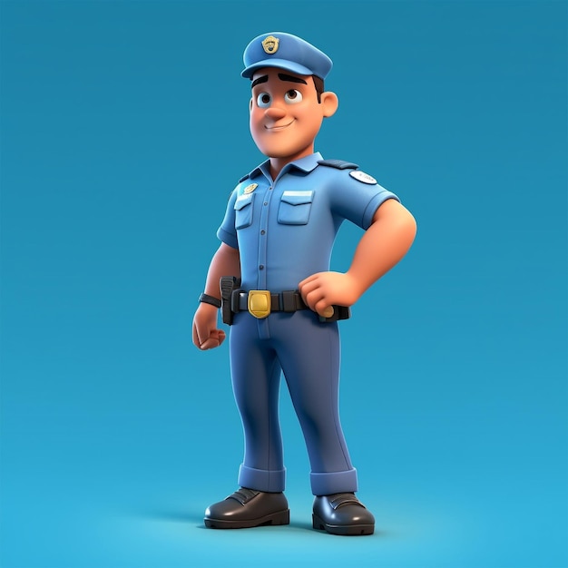 Eine Zeichentrickfigur mit einer blauen Uniform, auf der „Polizei“ steht.
