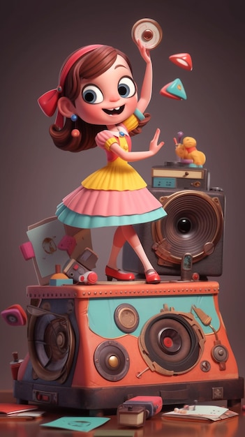 Eine Zeichentrickfigur mit rosa Kleid und roter Schleife steht auf einem Stapel Stereolautsprecher.
