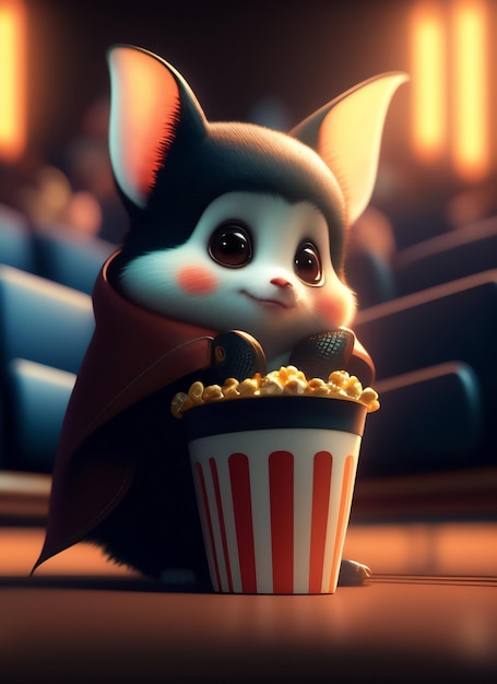 Eine Zeichentrickfigur sitzt in einem Kino und isst Popcorn