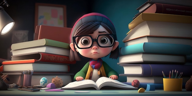 Eine Zeichentrickfigur sitzt vor einem Stapel Bücher.