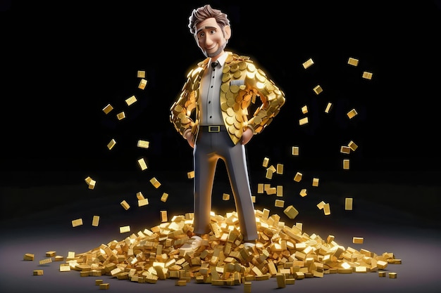 Eine Zeichentrickfigur voller Reichtum, eingetaucht in einen Regen aus Goldmünzen. Generative KI