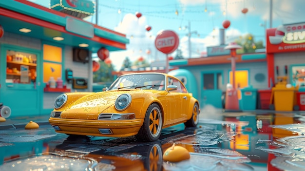 Eine Zeichentrickfilm-gelbe Karre in der Nähe einer Tankstelle 3D-Illustration