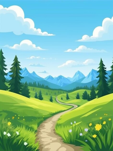 Eine Zeichentrickfilmillustration einer grünen Berglandschaft mit einer unbefestigten Straße