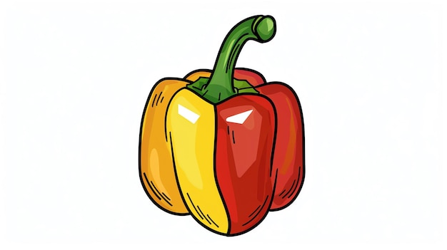 Eine Zeichentrickfilmillustration einer roten und gelben Paprika. Der Paprika ist nach vorne gerichtet und hat einen grünen Stamm.