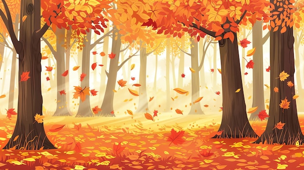 Eine Zeichentrickfilmillustration eines Waldes im Herbst mit bunten Blättern, die von den Bäumen fallen