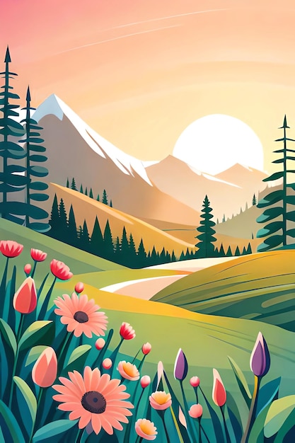 Eine Zeichentrickillustration einer Landschaft mit Bergen und Blumen.