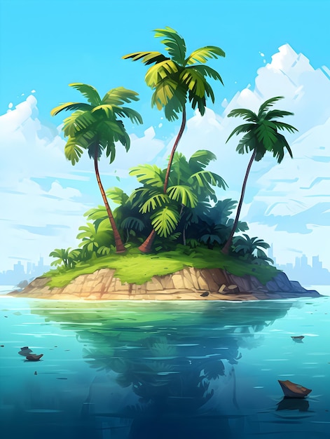 Eine Zeichentrickillustration einer tropischen Insel mit Palmen und einem Boot im Wasser.