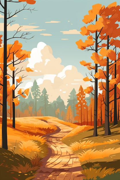 Eine Zeichentrickillustration einer unbefestigten Straße in einem Wald mit generativen Bäumen