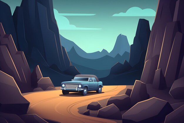 Eine Zeichentrickillustration eines Autos auf einer Bergstraße.