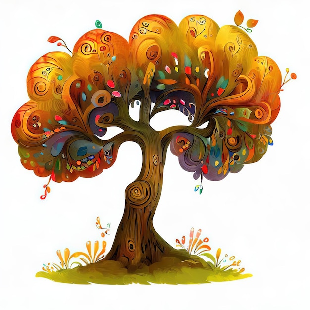 Eine Zeichentrickillustration eines Baumes mit bunten Blättern und Blumen.
