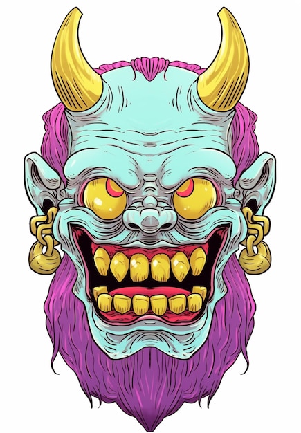 eine Zeichentrickillustration eines Dämons mit lila Haaren und Hörnern, generative KI