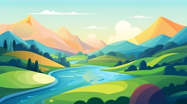 Eine Zeichentrickillustration eines Flusses in einer grünen Landschaft.