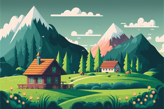 Eine Zeichentrickillustration eines Hauses auf einer grünen Wiese mit Bergen im Hintergrund.