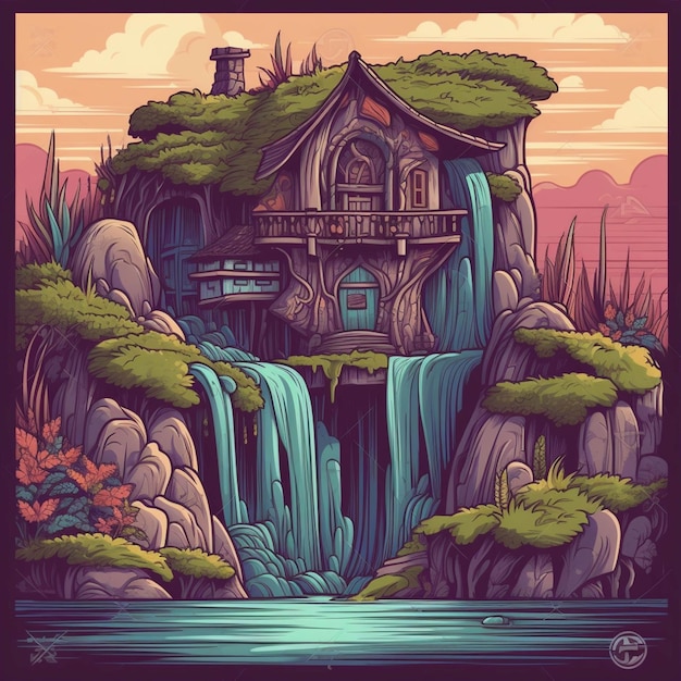 Eine Zeichentrickillustration eines Hauses auf einer Klippe mit einem Wasserfall, generativer KI