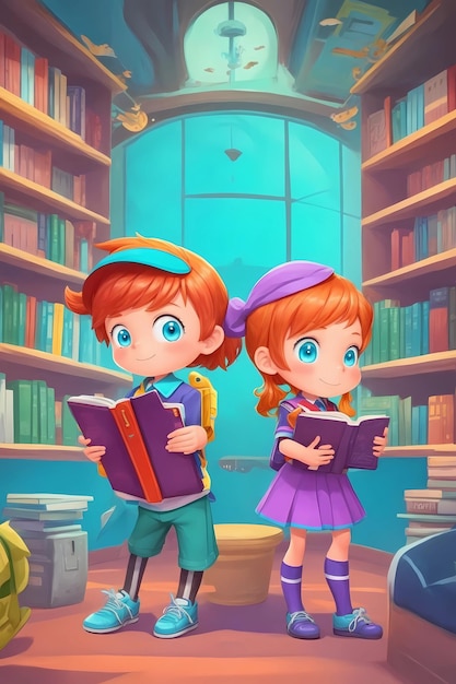 eine Zeichentrickillustration eines Mädchens und eines Jungen, die ein Buch lesen.