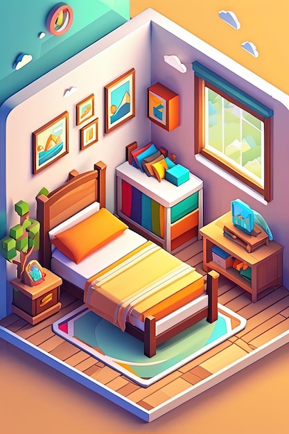 eine Zeichentrickillustration eines Schlafzimmers mit einem Bett, einer Kommode und einem Fenster.