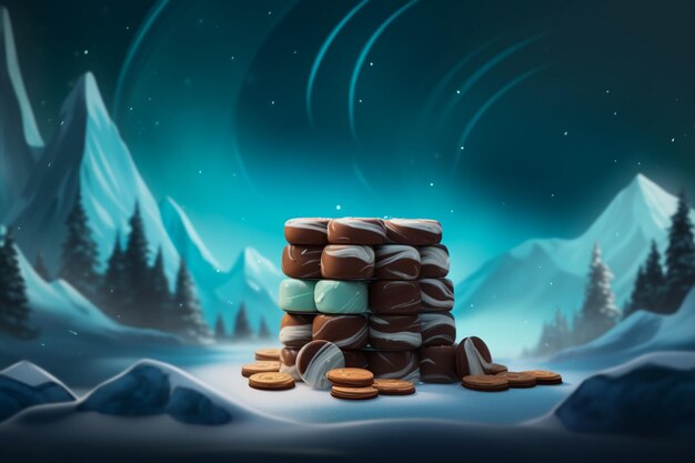 Eine Zeichentrickillustration eines Stapels Süßigkeiten, der auf einem schneebedeckten Berg gestapelt ist.
