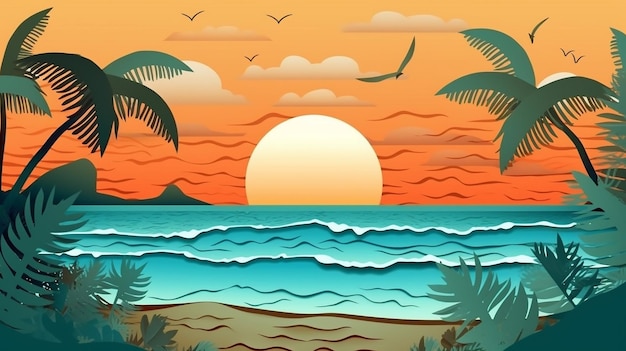 Eine Zeichentrickillustration eines Strandes mit Sonnenuntergang und Palmen.
