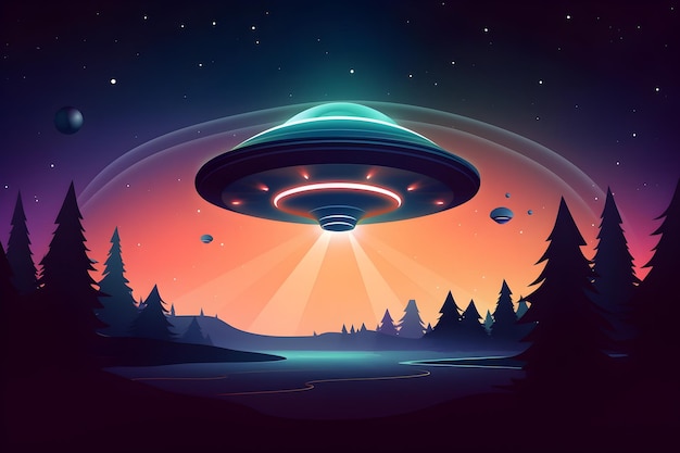 Eine Zeichentrickillustration eines Ufos, das über einen Wald fliegt.