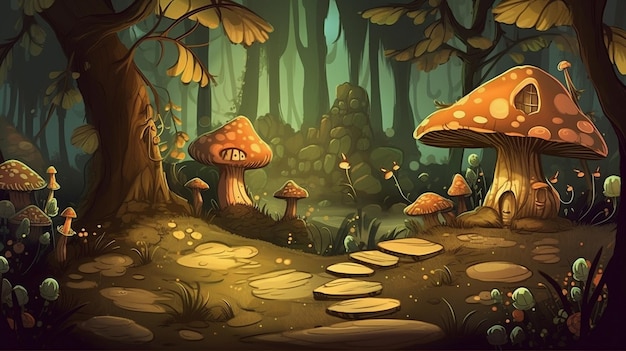 Eine Zeichentrickillustration von Pilzen in einem Wald.