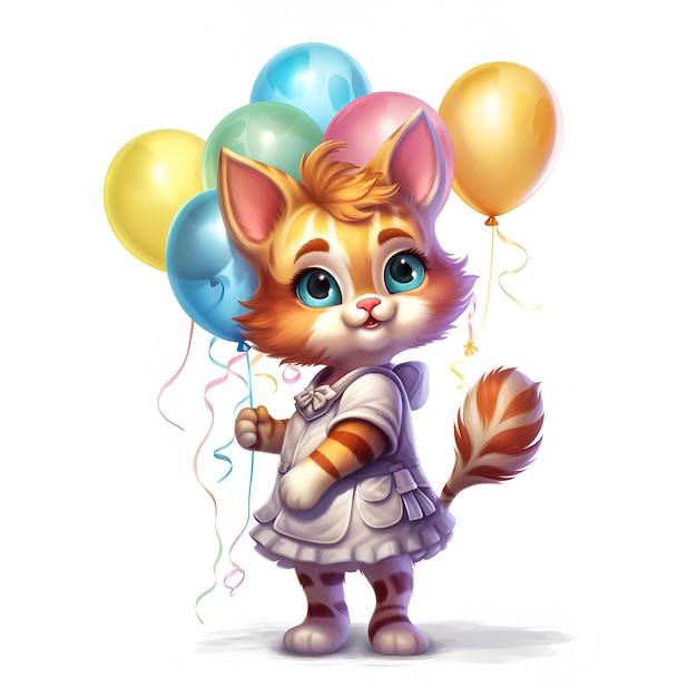 Eine Zeichentrickkatze mit einem Band und einem Ballon, auf dem "Katze" steht.