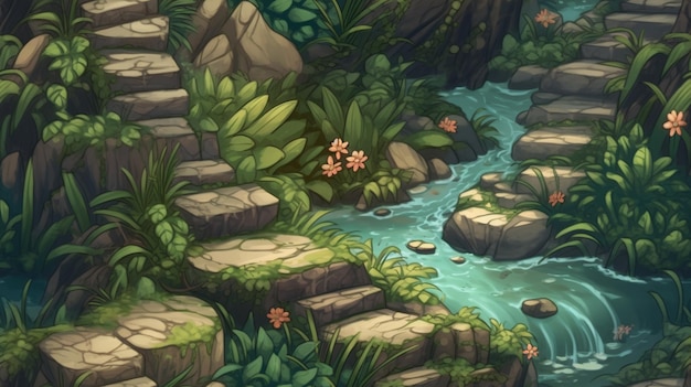 Eine Zeichentrickszene mit einem Fluss und Felsen sowie einer Dschungelszene.