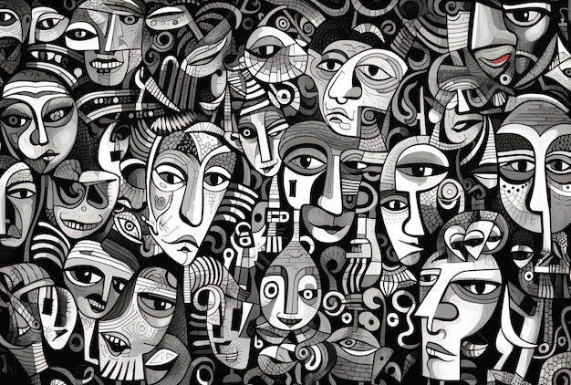 eine Zeichnung aus vielen Gesichtern und Linien im Stil verspielter Motive