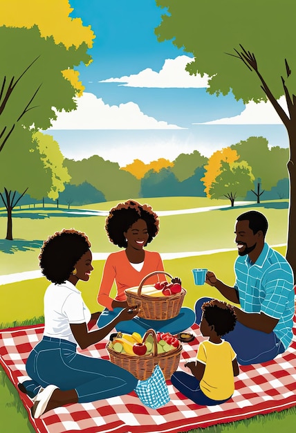 Eine Zeichnung einer afroamerikanischen Familie, die an einem sonnigen Tag mit einer bunten Decke Picknick macht