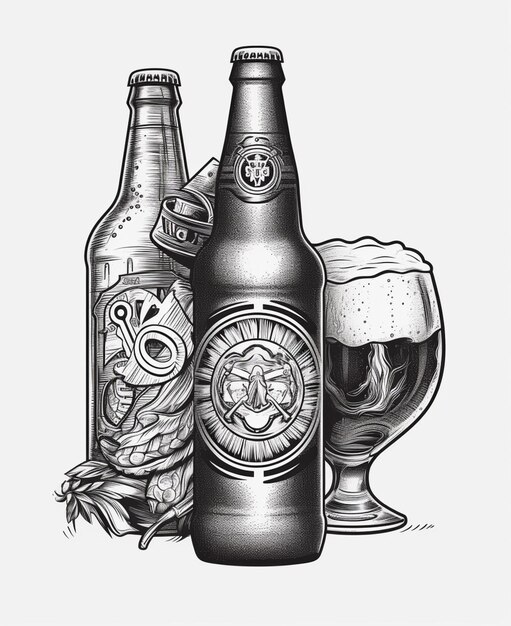 Foto eine zeichnung einer bierflasche und eines glases bier