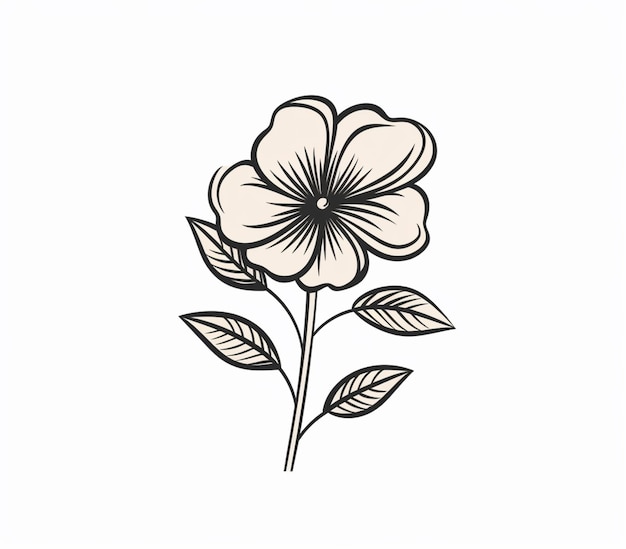 Eine Zeichnung einer Blume mit Blättern auf weißem Hintergrund, generative KI