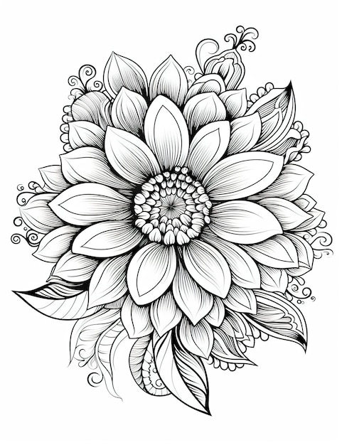 Eine Zeichnung einer Blume mit Blättern und Blüten.