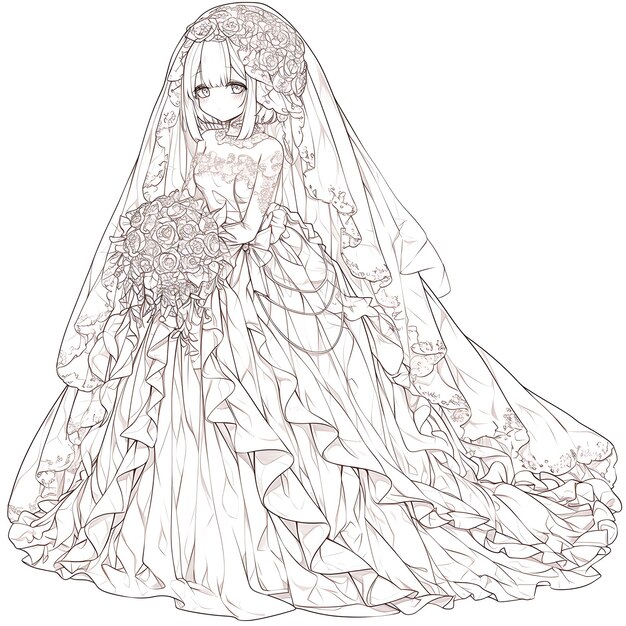 eine Zeichnung einer Braut in einem Hochzeitskleid mit einer Blume im Haar