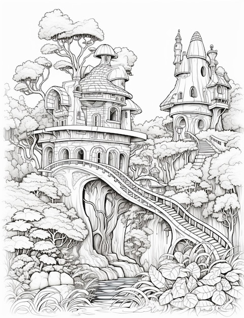 eine Zeichnung einer Burg mit Wasserfall und einer Brücke. Generative KI