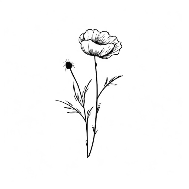 Foto eine zeichnung einer einzigen blume mit einem stamm und einem blütenknospen generativ ai