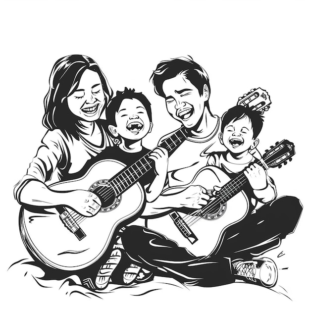 eine Zeichnung einer Familie, die Gitarre spielt, und eine Frau und zwei Kinder