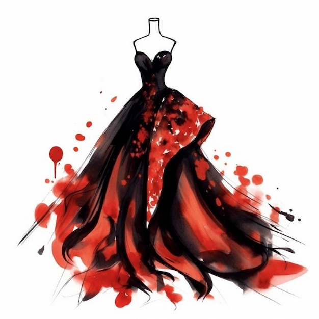Eine Zeichnung einer Frau in einem Kleid mit roter und schwarzer Farbe