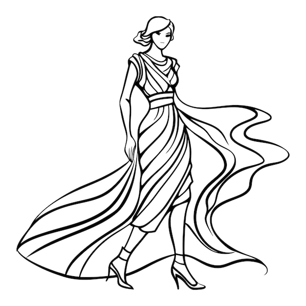 eine Zeichnung einer Frau in einem langen Kleid mit einem langen, fließenden, fliessenden, fliessenden Rock