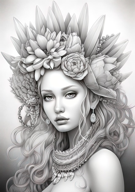 eine Zeichnung einer Frau mit Blumen auf dem Kopf
