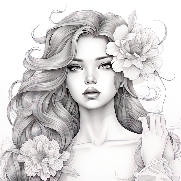 eine Zeichnung einer Frau mit Blumen im Haar