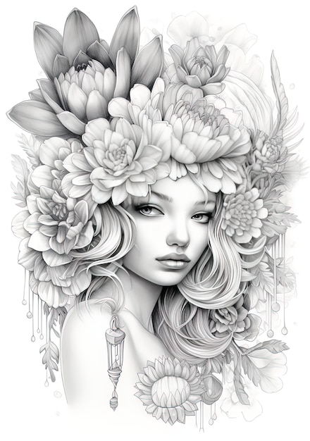 eine Zeichnung einer Frau mit Blumen im Haar.