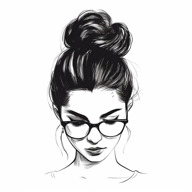 eine Zeichnung einer Frau mit Brille und einem Brötchen in ihren Haaren
