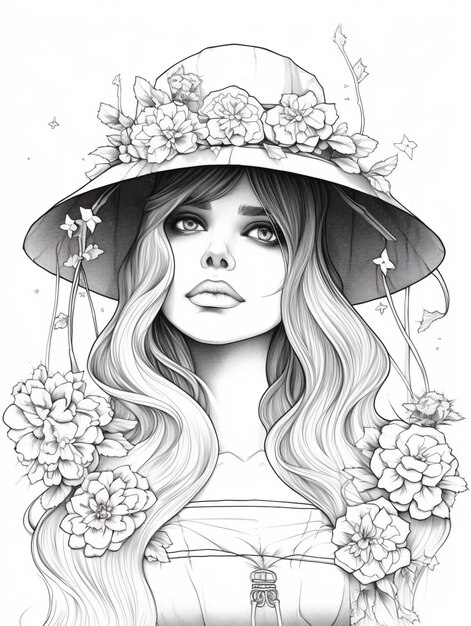 eine Zeichnung einer Frau mit einem Hut und Blumen auf dem Kopf generative ai