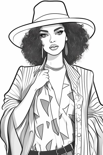 eine Zeichnung einer Frau mit einem Hut und einer Jacke