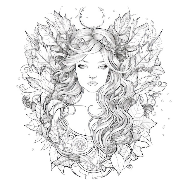 eine Zeichnung einer Frau mit einer Blumenkrone und einem Mond.