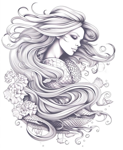eine Zeichnung einer Frau mit langen Haaren und einem Fischschwanz