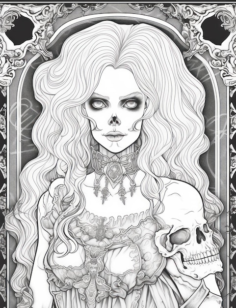eine Zeichnung einer Frau mit langen Haaren und einem Schädel oben.