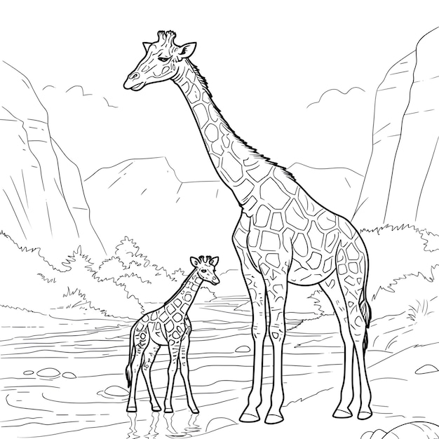 eine Zeichnung einer Giraffe und eines Berges im Hintergrund